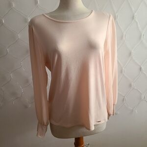 Calvin Klein Slinky Top / Blush Pink / Semi-Sheer Sleeves / Size Medium